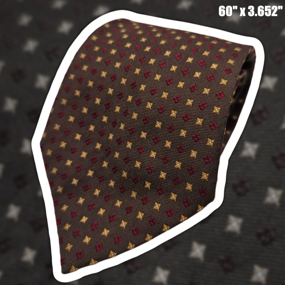 Battistoni Cucito a Mano Silk Tie Brown Red Yellow Geometric Medallion Italy 60"